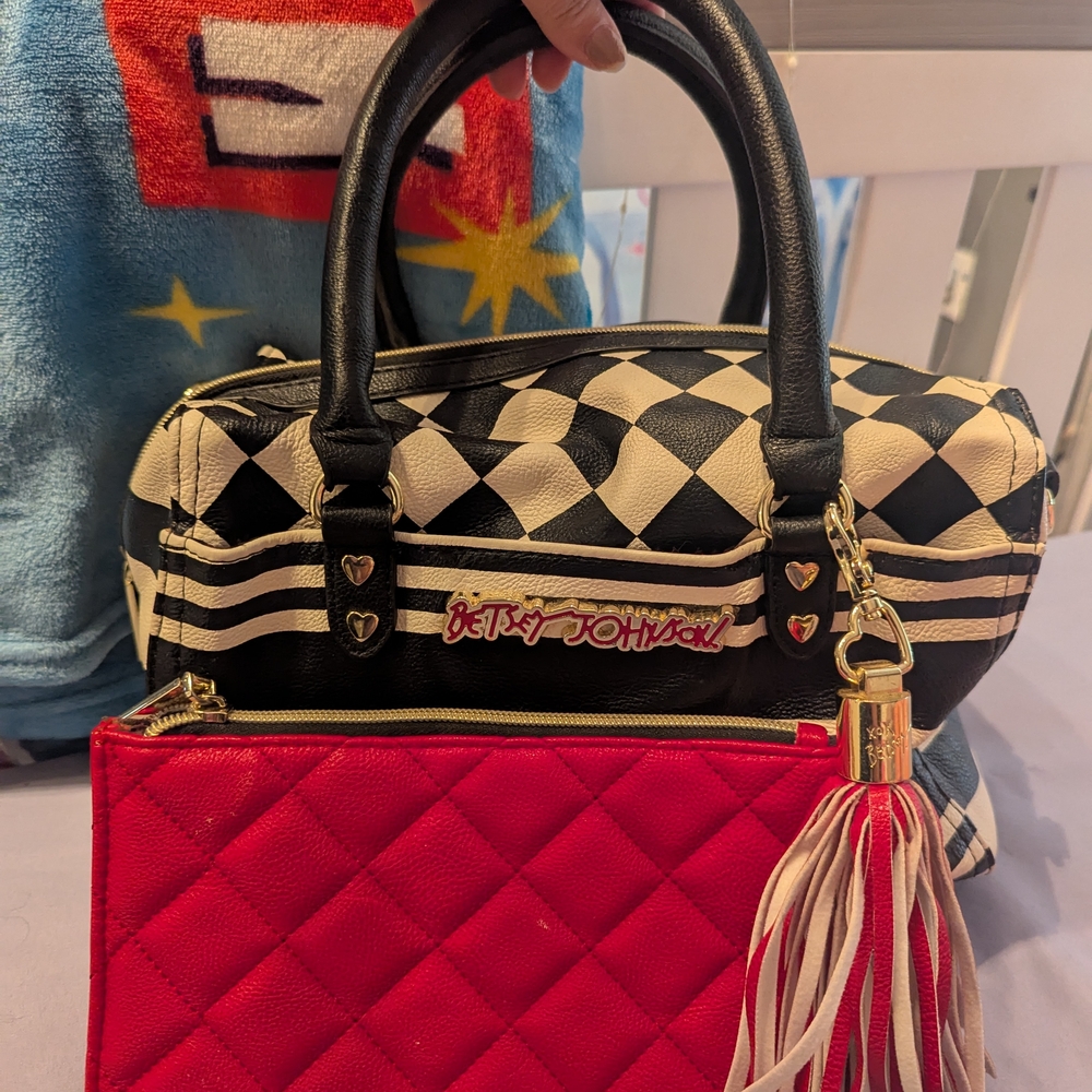 Betsey Johnson Black and White Checkered Handbag with Red Clutch